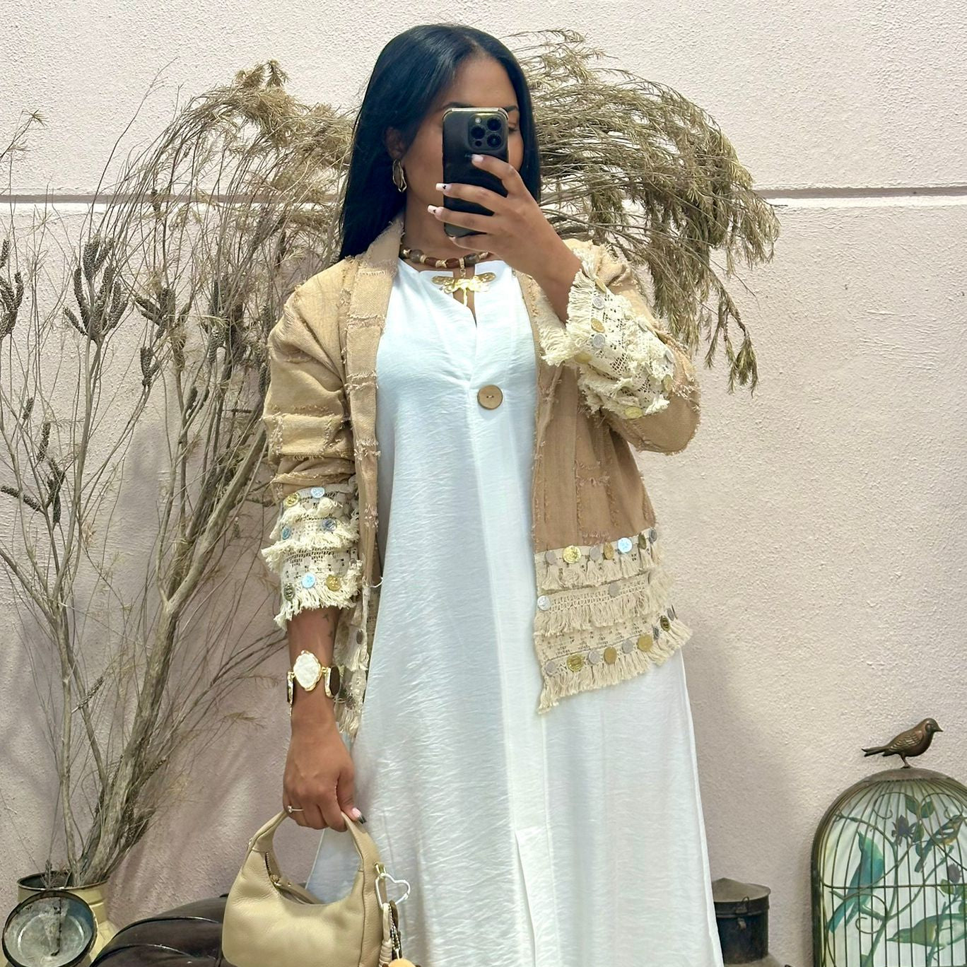 Kimono Boho de Algodão com Lantejoulas, Camel