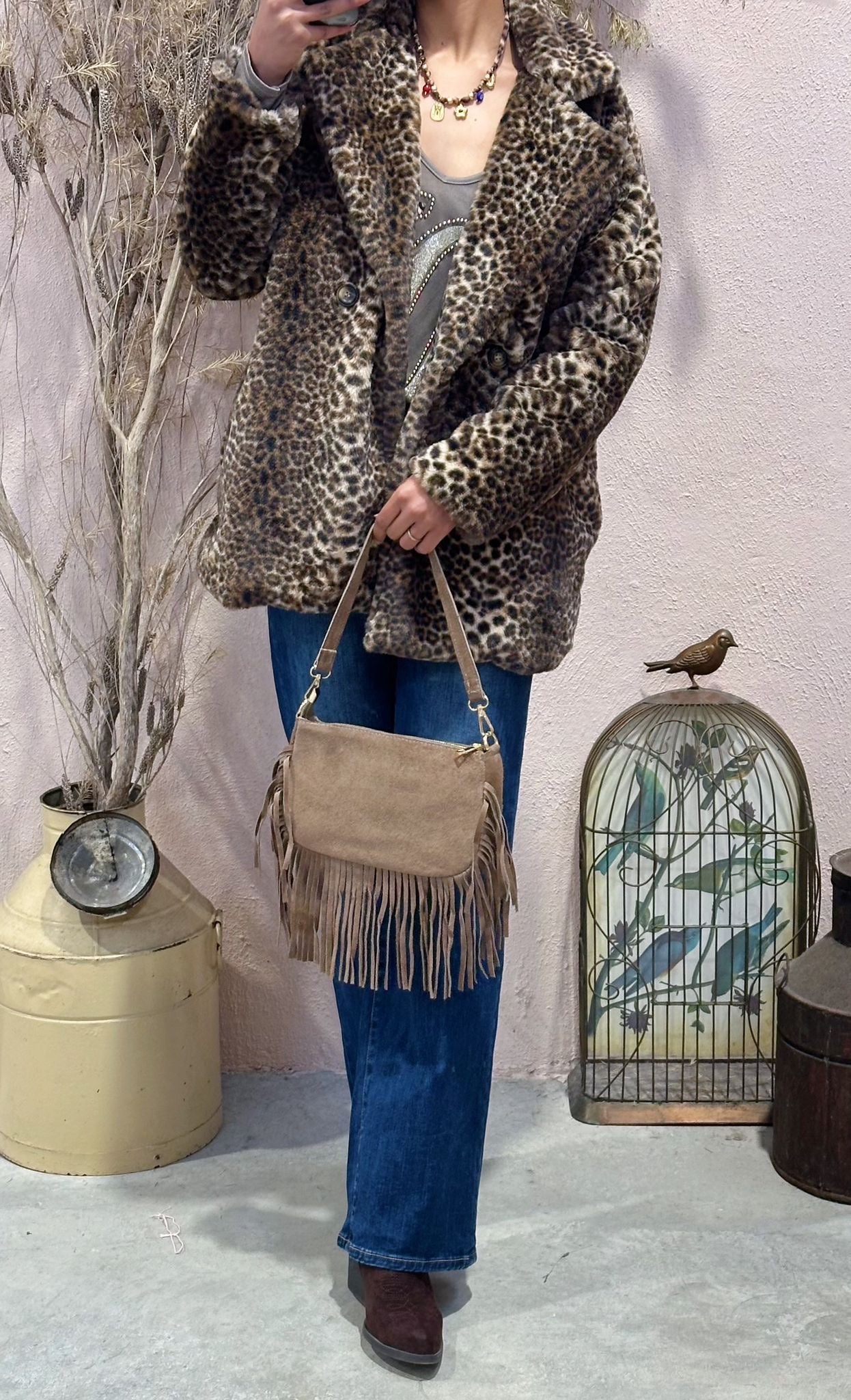 Casaco de Pelos Animal Print com Bolsos - Leopardo