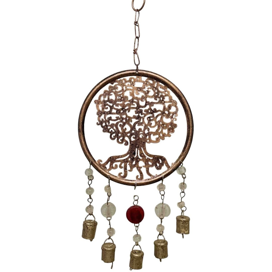 Espanta Espirito Arvore Bronze com Sinos e Pedras (Vermelho e Branco)
