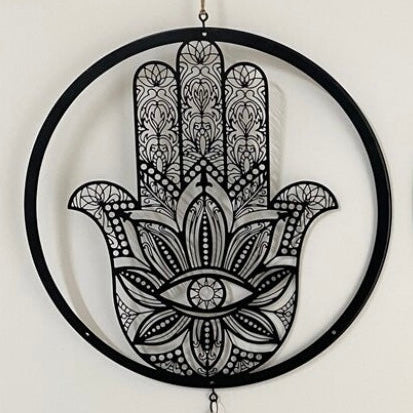 Espanta Espirito, Redondo, Preto, Hamsá e Corda (30cm) Hamsá 1