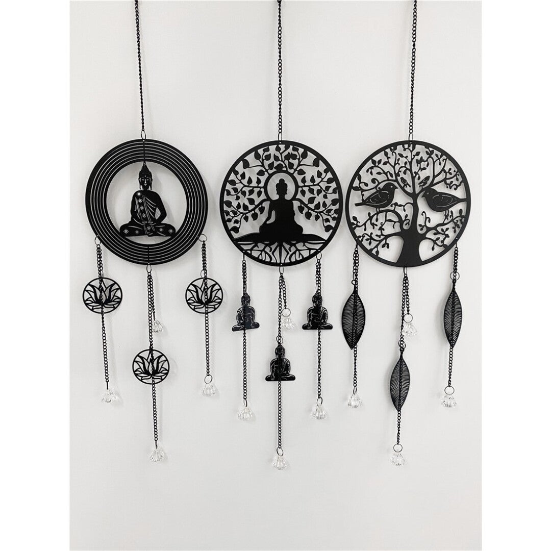 Espanta Espirito Conjunto 3, Buda e Arvore com Passaros, Pingentes Cristal (18cm)