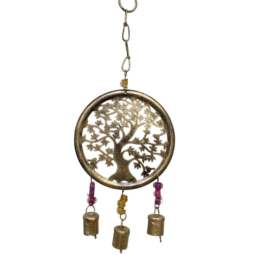 Espanta Espirito Dourado, Arvore da Vida, Sinos, Pedras Amarelo, e Rosa (15cm)