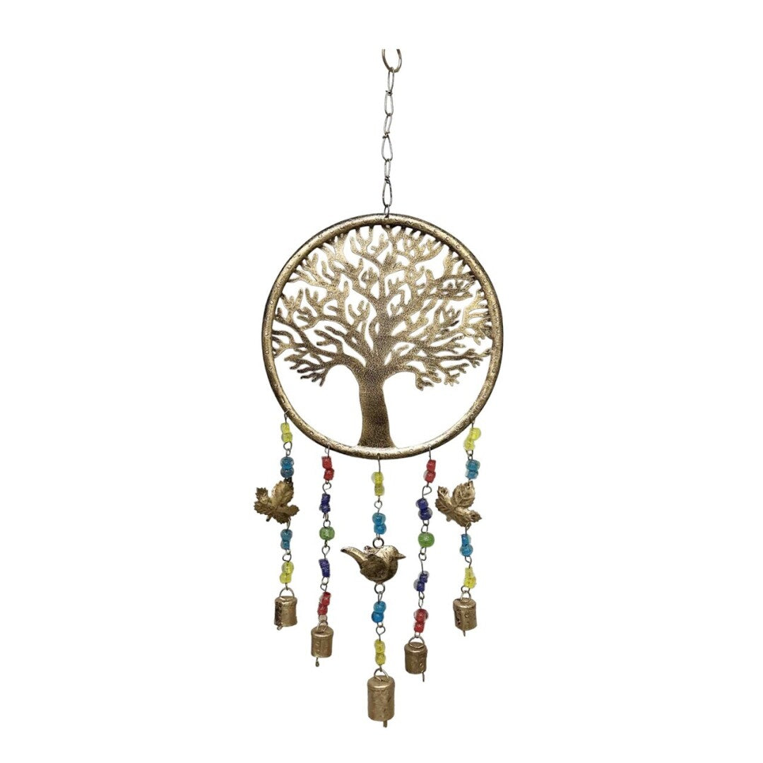 Espanta Espirito Dourado, Arvore da Vida, Sinos, Pedras Multi-Cor, Folhas e Passaro