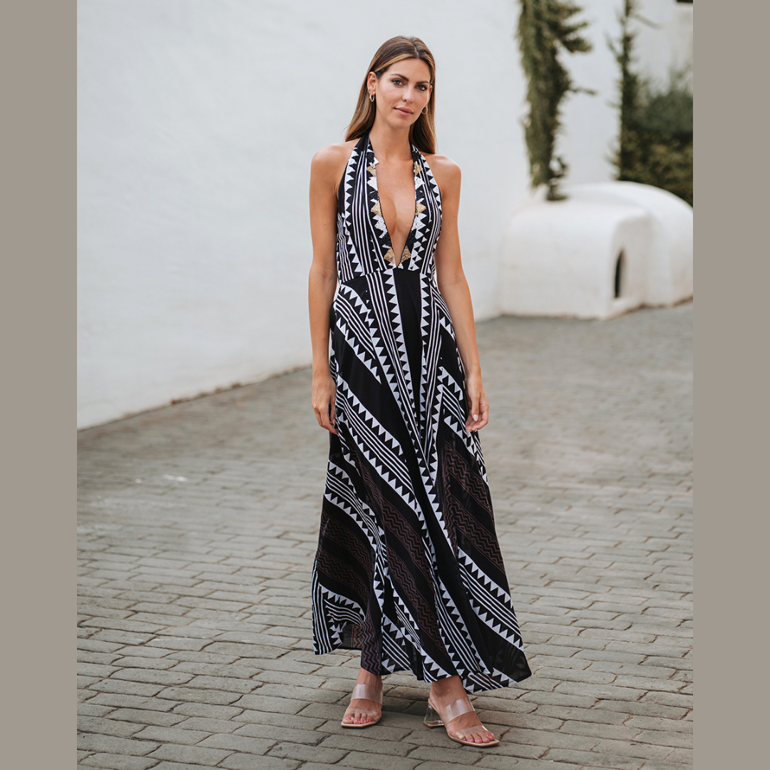 Vestido Étnico Pretto e Branco Estampado com Missangas 31999