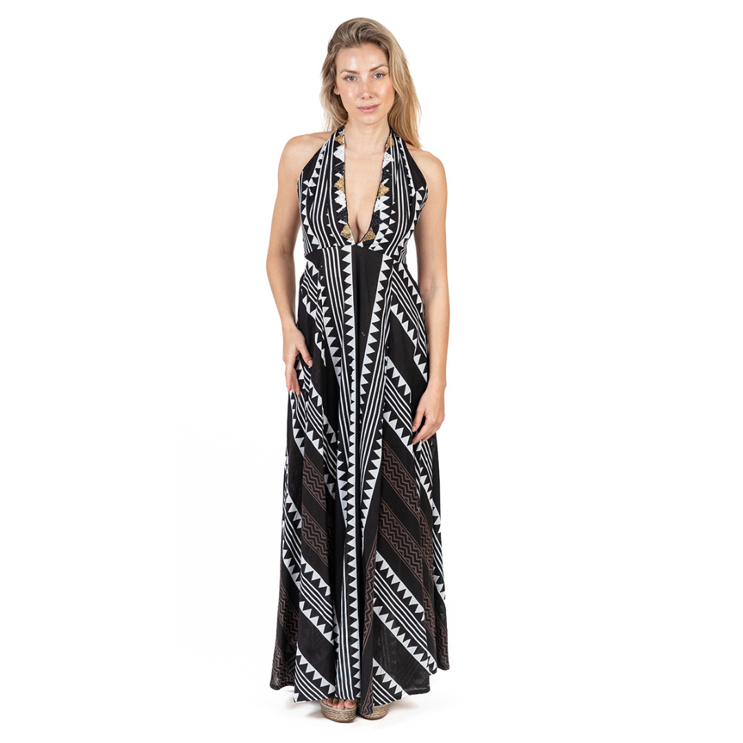 Vestido Étnico Pretto e Branco Estampado com Missangas 31999