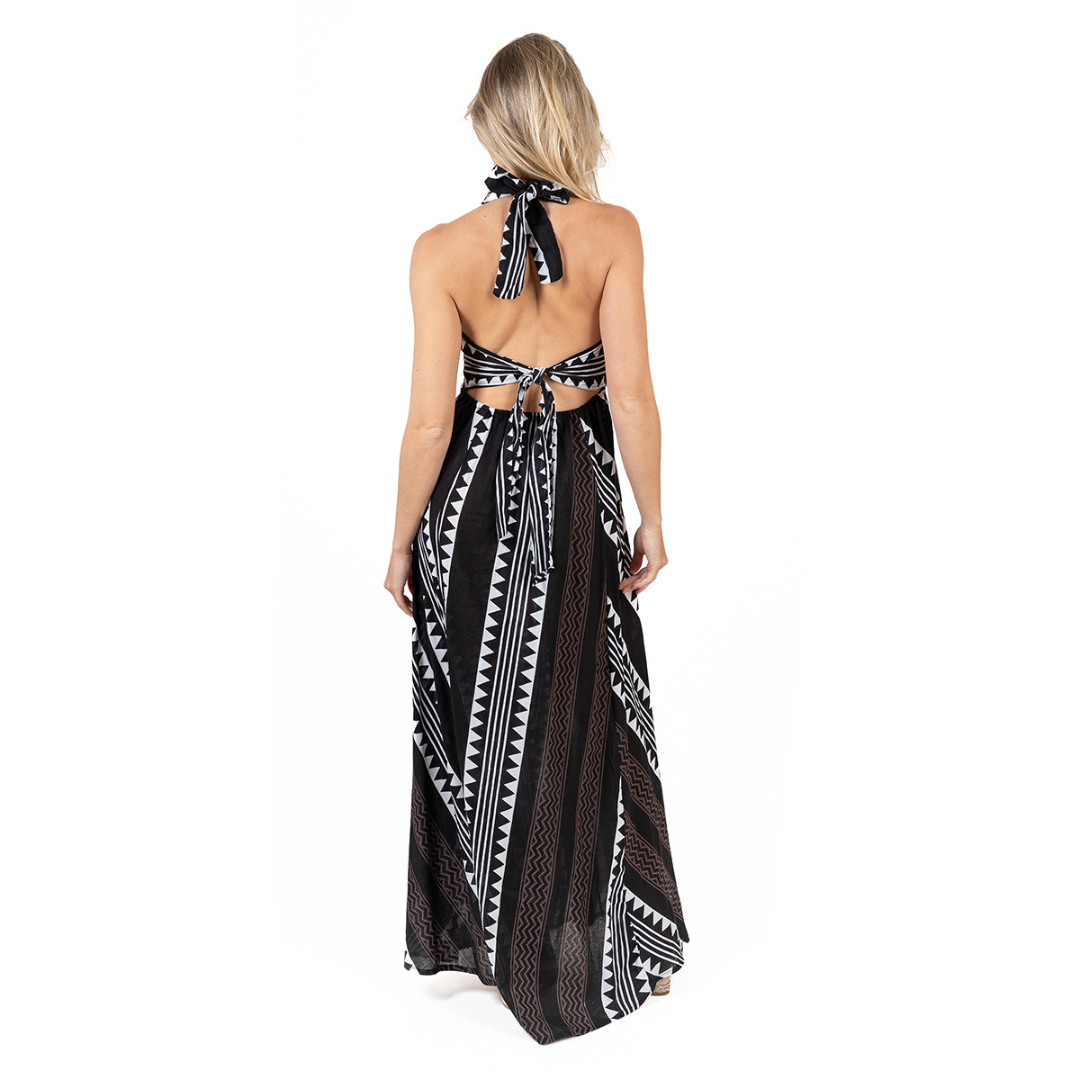 Vestido Étnico Pretto e Branco Estampado com Missangas 31999