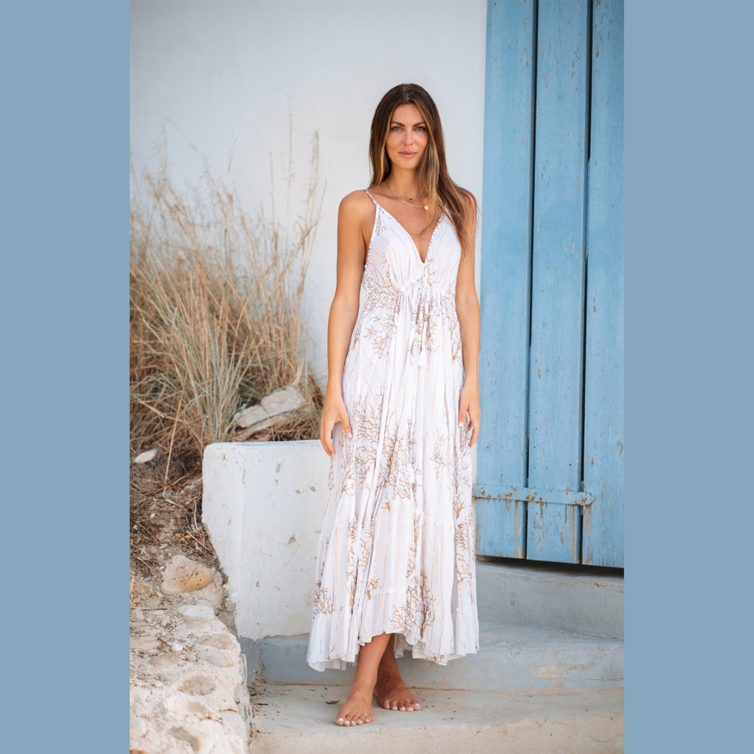 Vestido Crú e Dourado Corais 35475