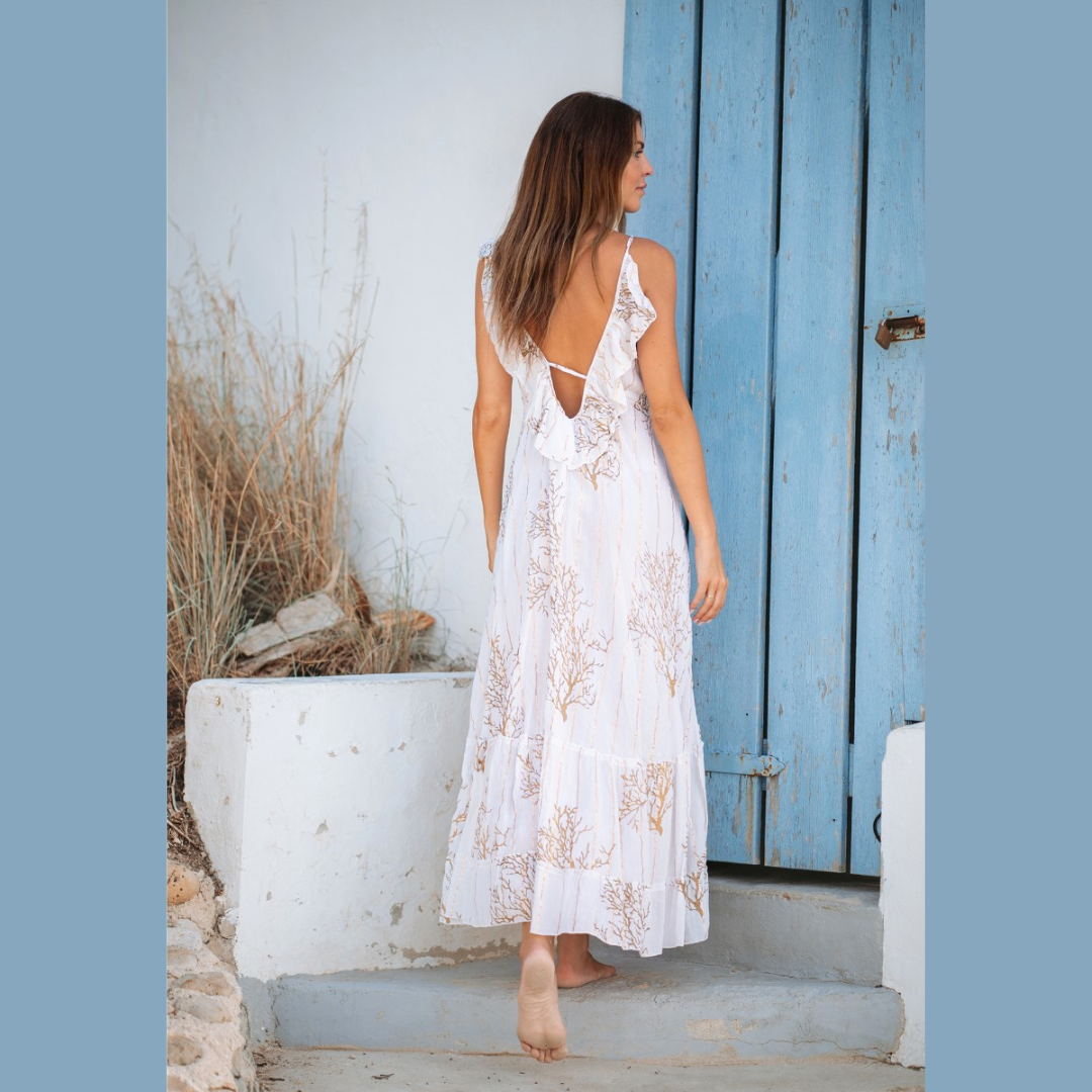 Vestido Crú e Dourado Corais 35475
