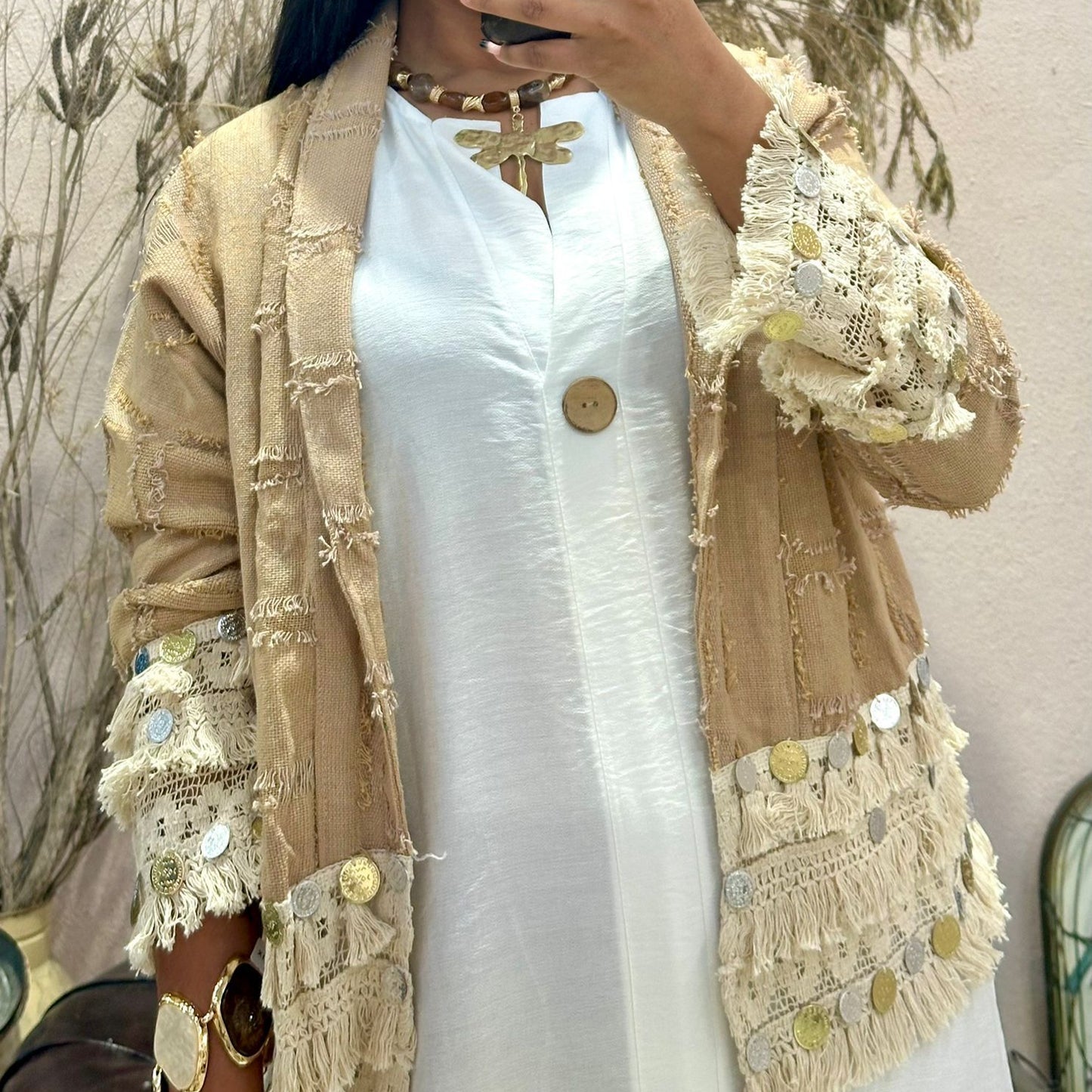Kimono Boho de Algodão com Lantejoulas, Camel