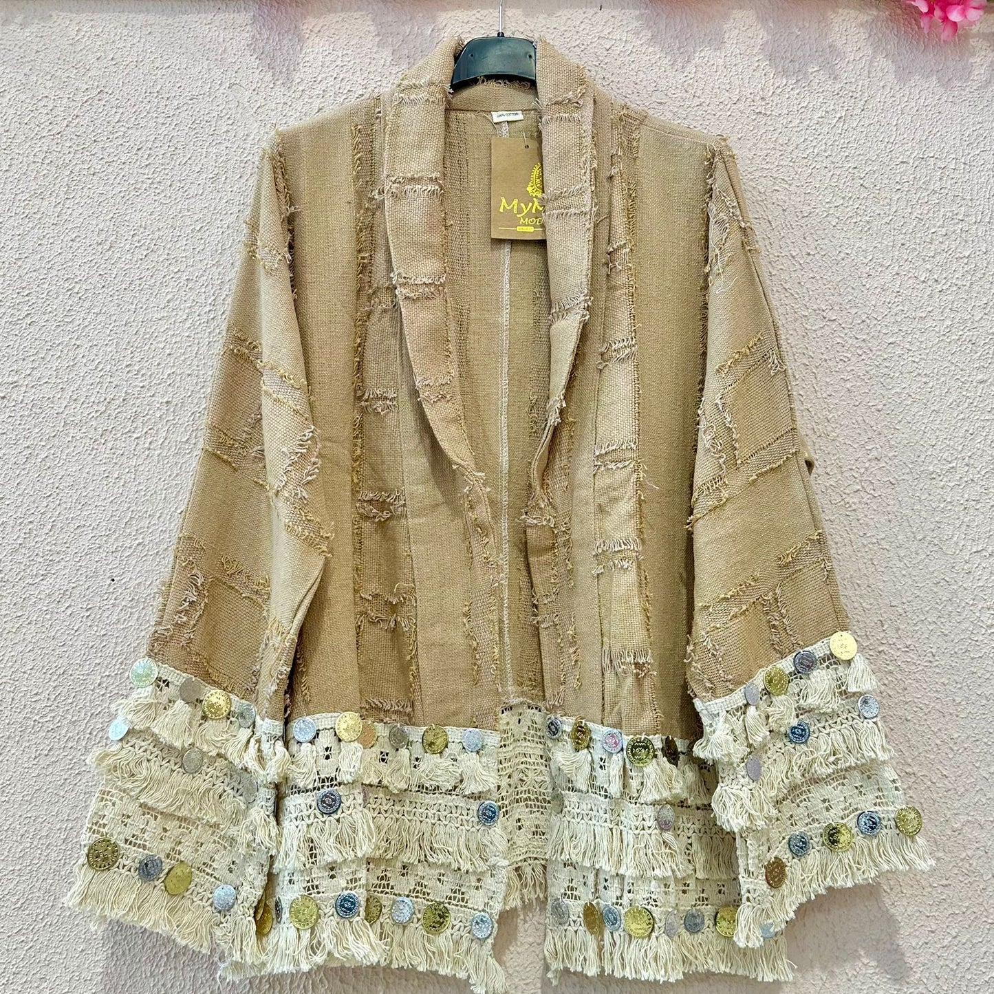 Kimono Boho de Algodão com Lantejoulas, Camel