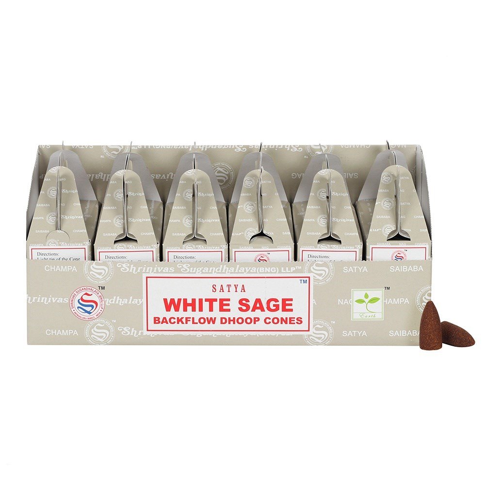 Satya White Sage Backflow Dhoop Cone (24 Peças, x1 Caixa)