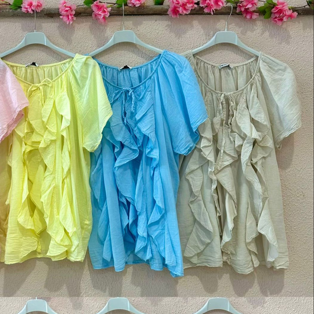 Blusa Bege, Folhos com Gola Amarração