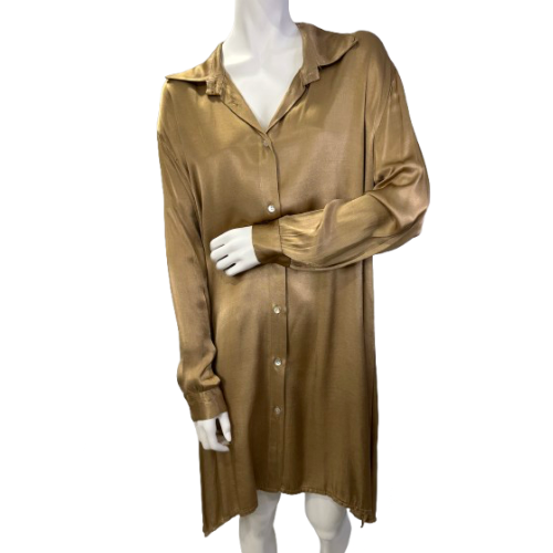 Vestido Seda Tipo Camisa - Dourado e Verde Dourado