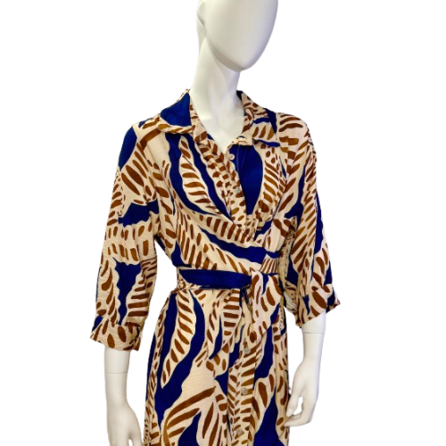 Vestido Estampado Cintado Comprido (Azul e Castanho)