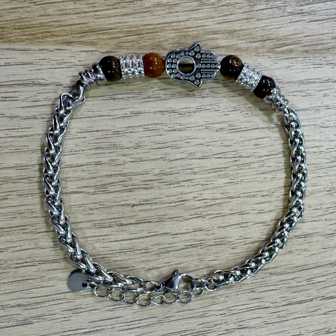 Pulseira Aço, Mão Hamsa com Miçangas