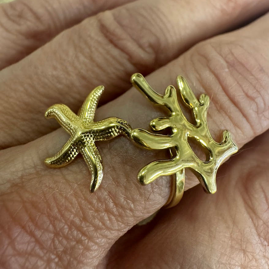 Anel Aço Inox, Alga e Estrela do Mar (VARIEDADES) Dourado