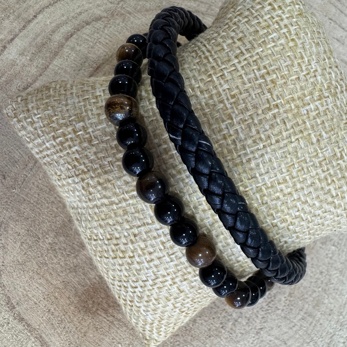Pulseira de Homem Olho Tigre e Turmalina, com Trança