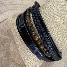 Pulseira Homem Olho de Tigre, Pele, Com Chapa Preta