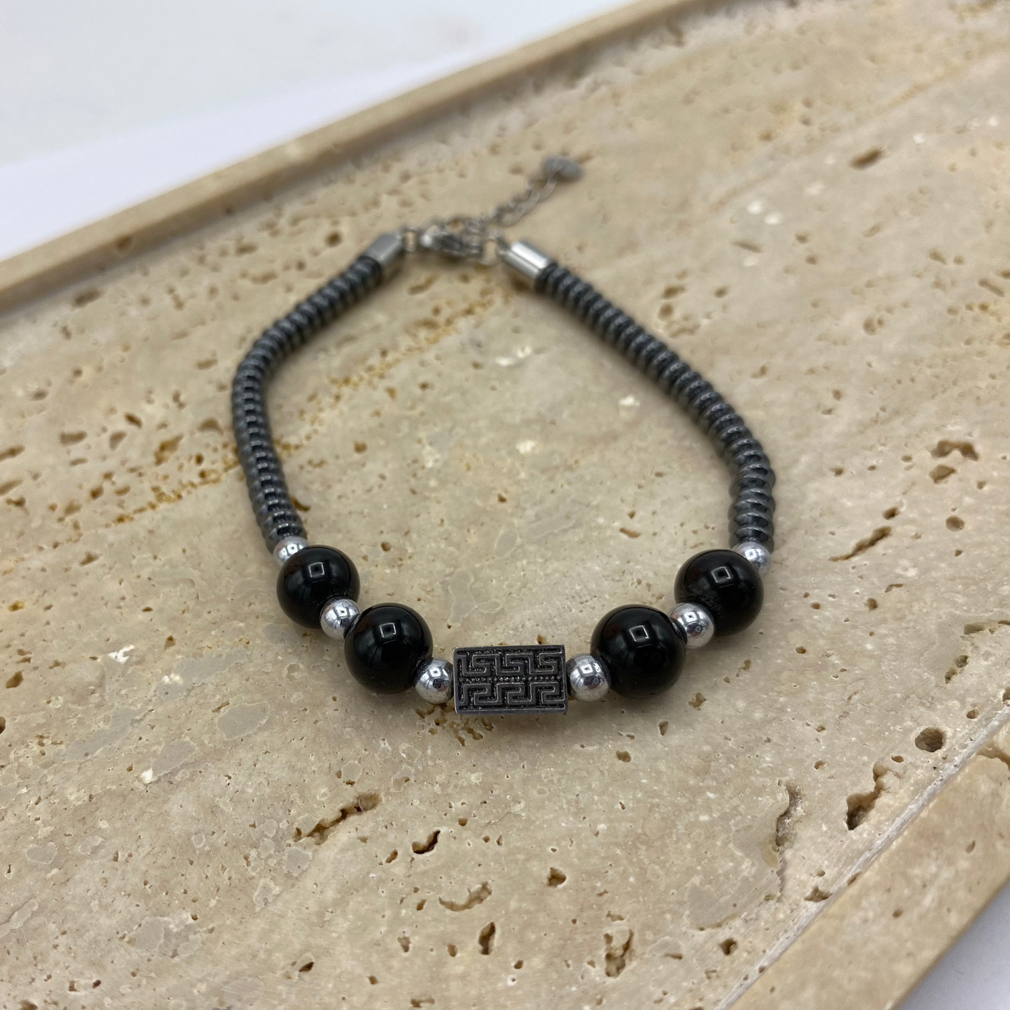 Pulseira Homem Soltas Metal e Pedras Preto