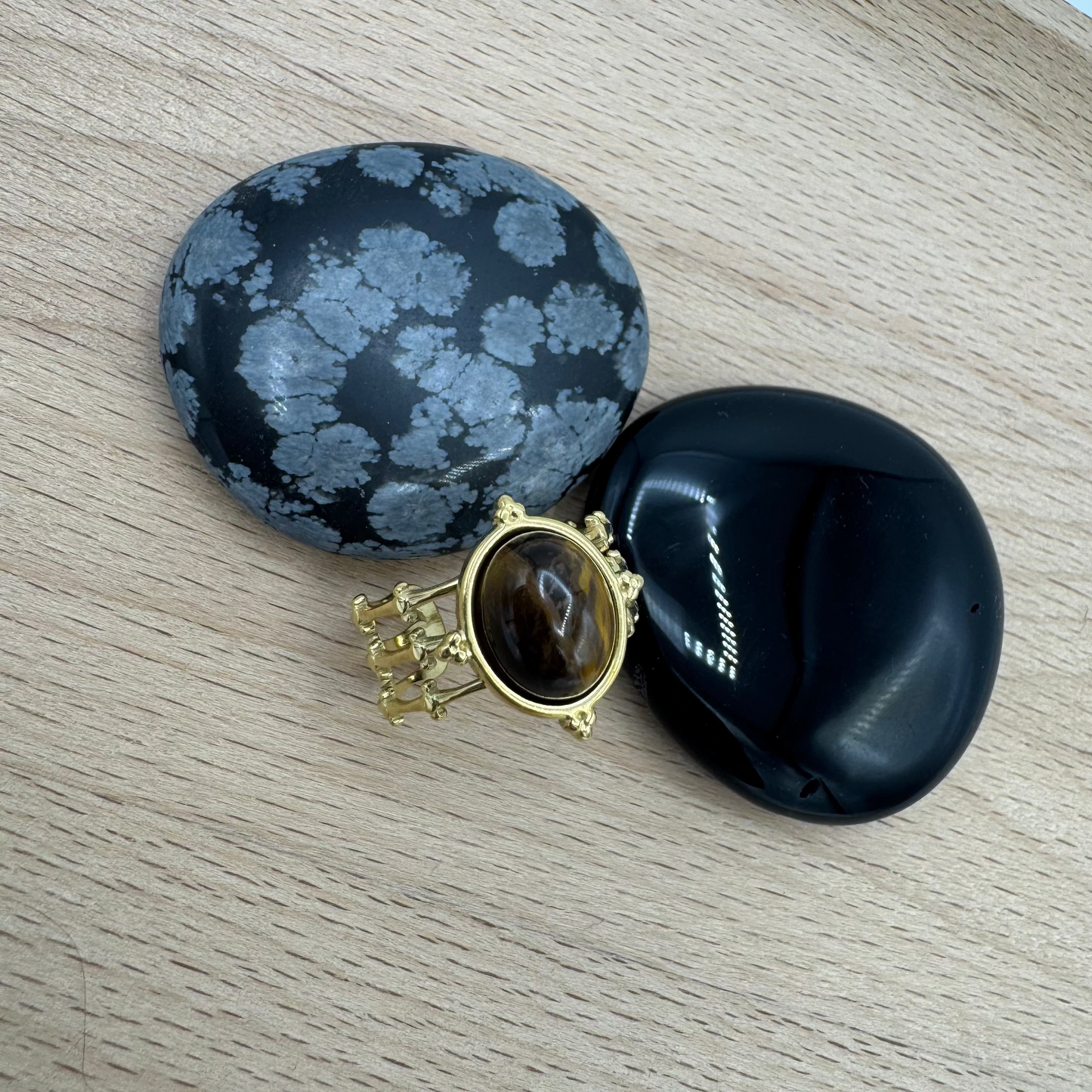 Anel 3 Voltas Com Pedra Oval Olho de Tigre Dourado