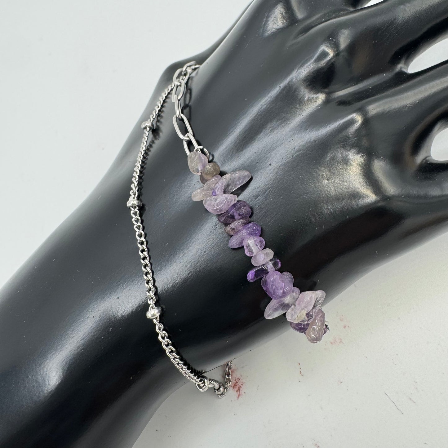 Pulseira Pedras Cascalho Ametista Inox Prateado