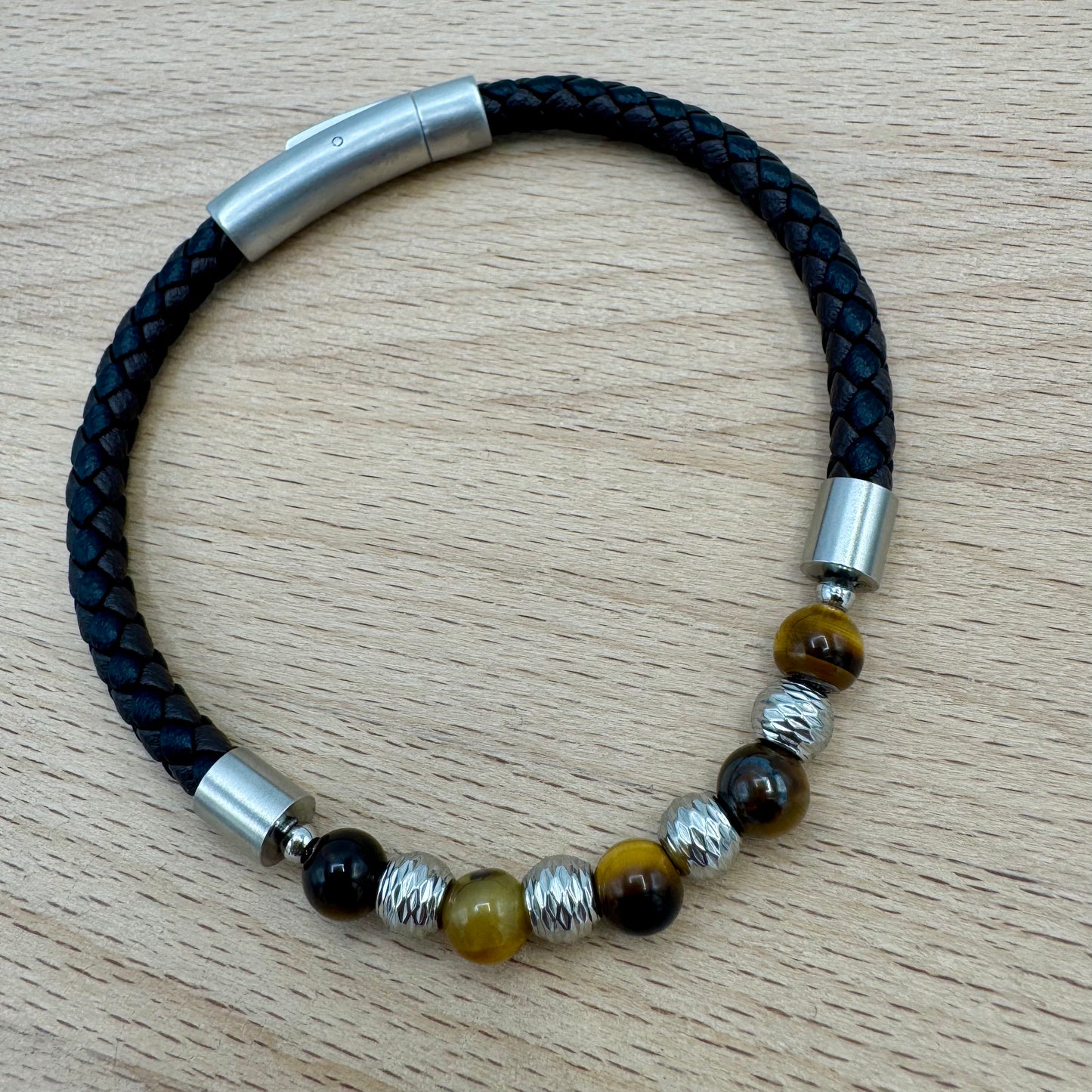 Pulseira Homem 5 Pedras Olho Tigre e Trança