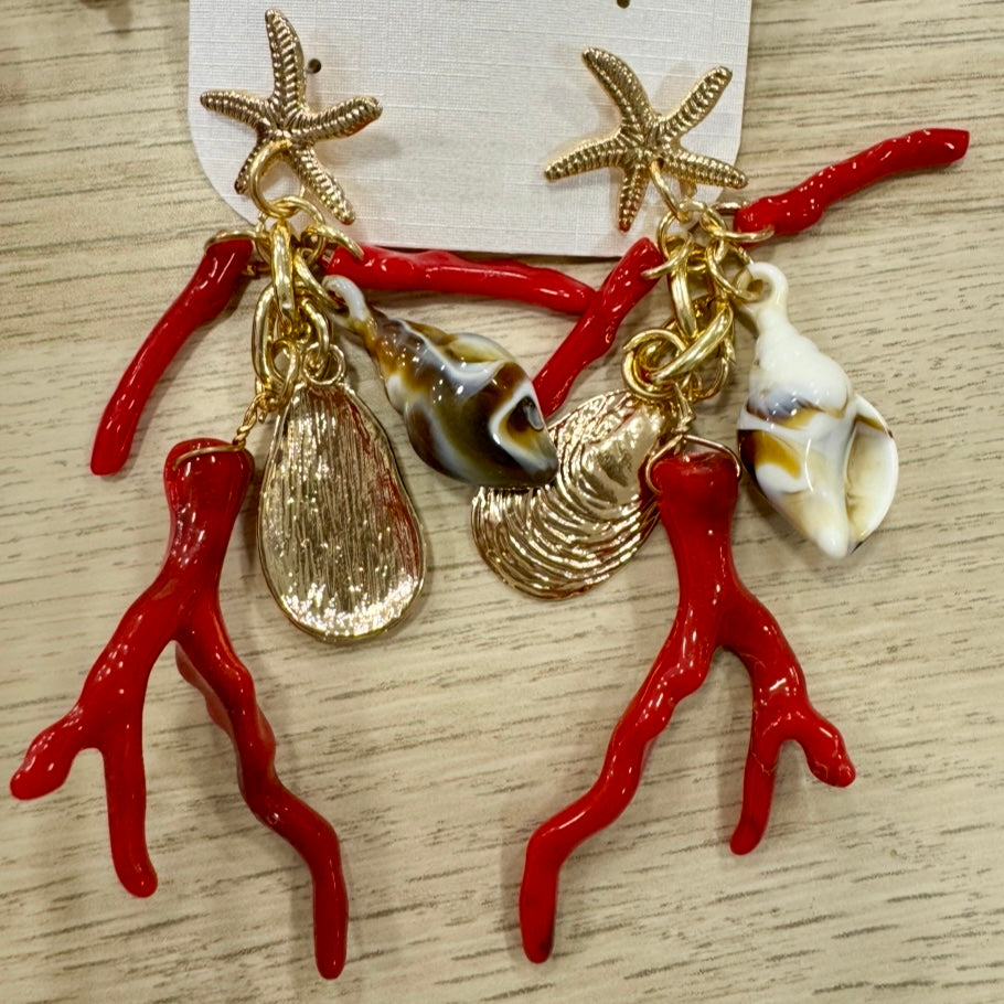 Brincos Inox, Conchas, Vermelho e Dourado