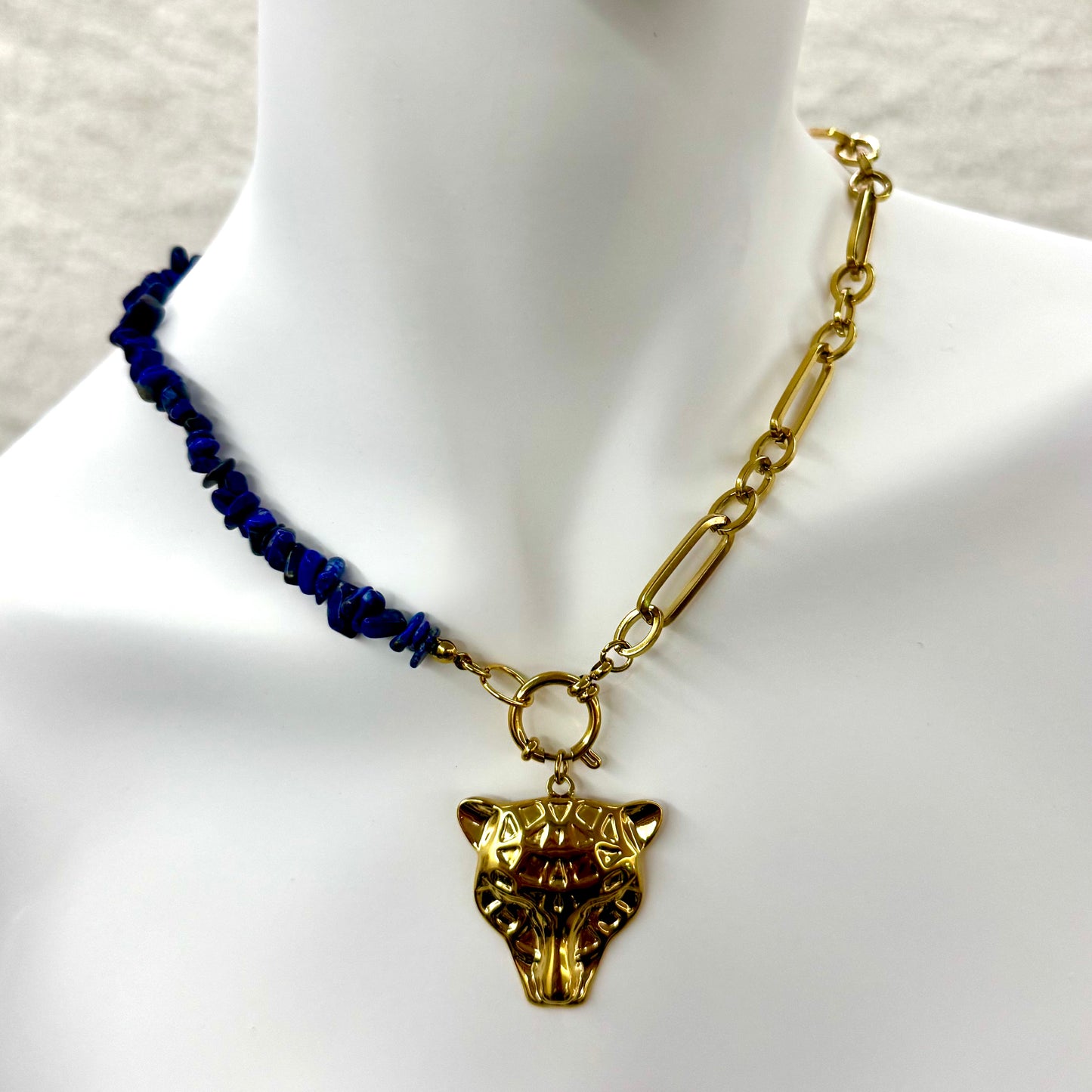 Fio Inox Dourado - Leopardo e Pedra Azul