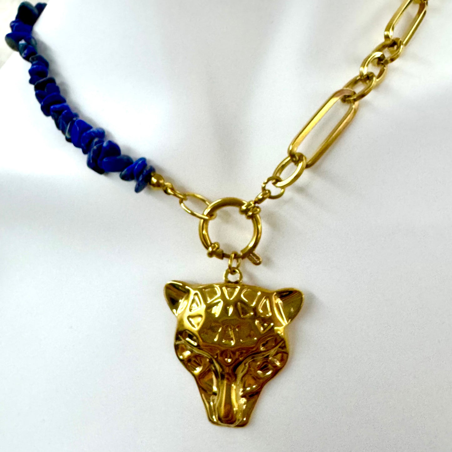 Fio Inox Dourado - Leopardo e Pedra Azul