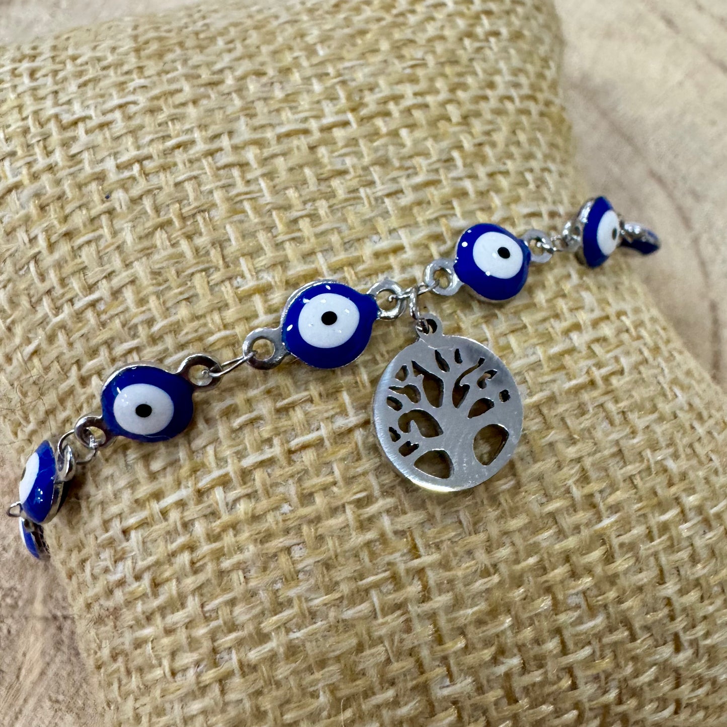 Pulseira Olhos Gregos com Árvore da Vida Prateado