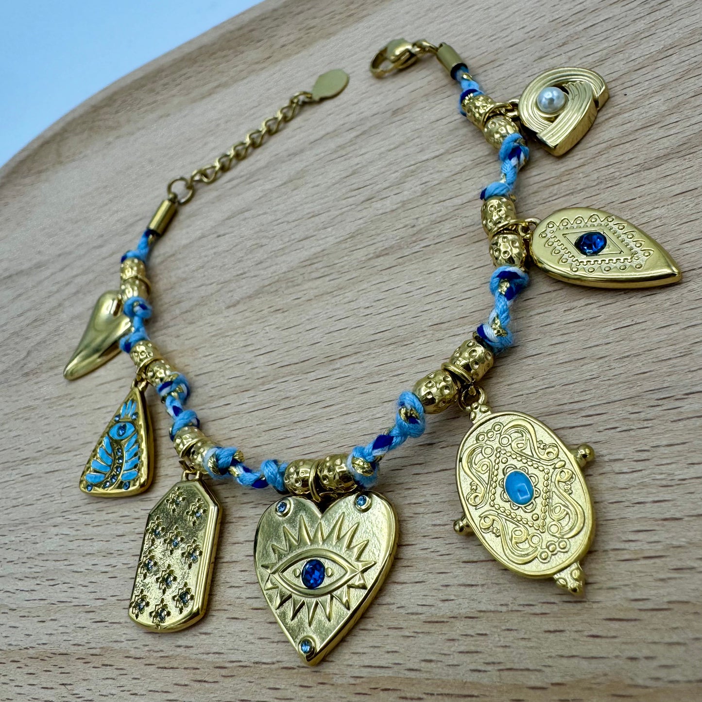 Pulseira Pendentes Olho Azul, Dourado