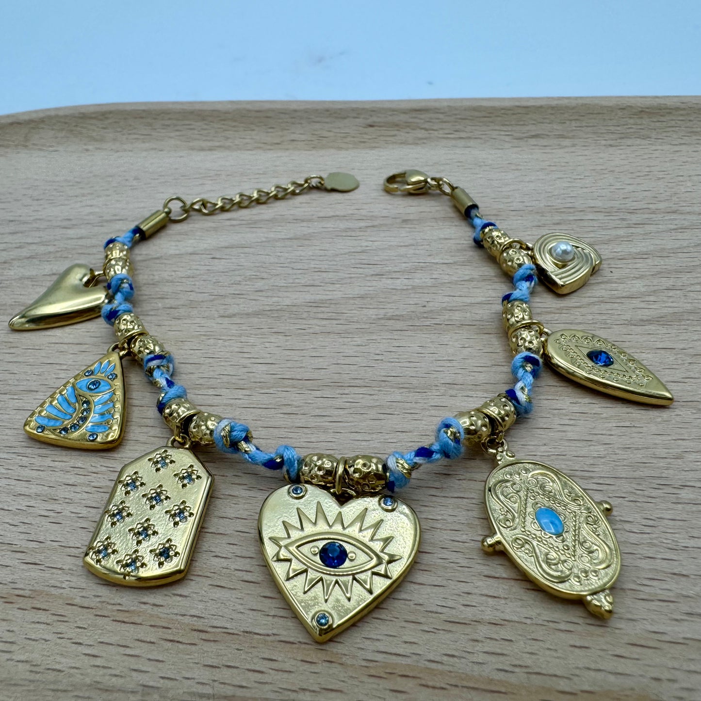 Pulseira Pendentes Olho Azul, Dourado