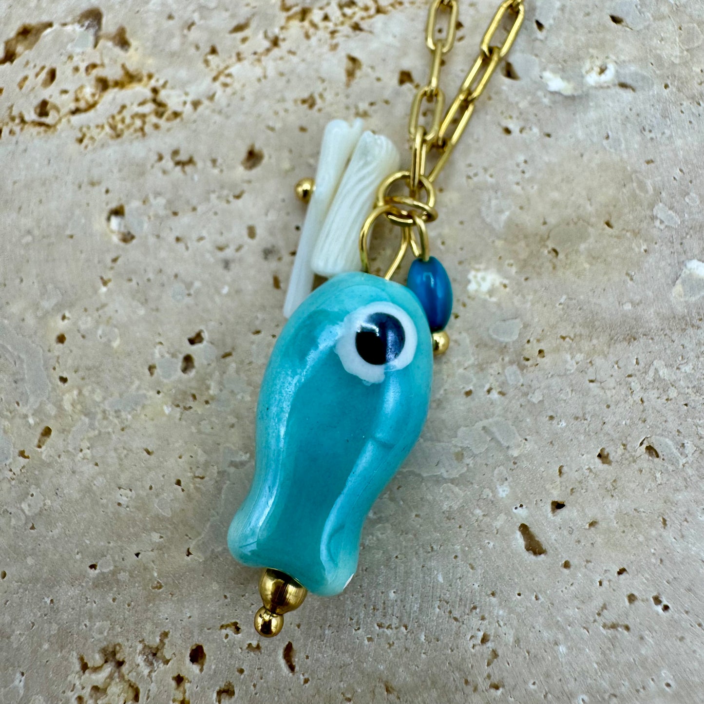 Fio Peixe Porcelana Dourado - Turquesa