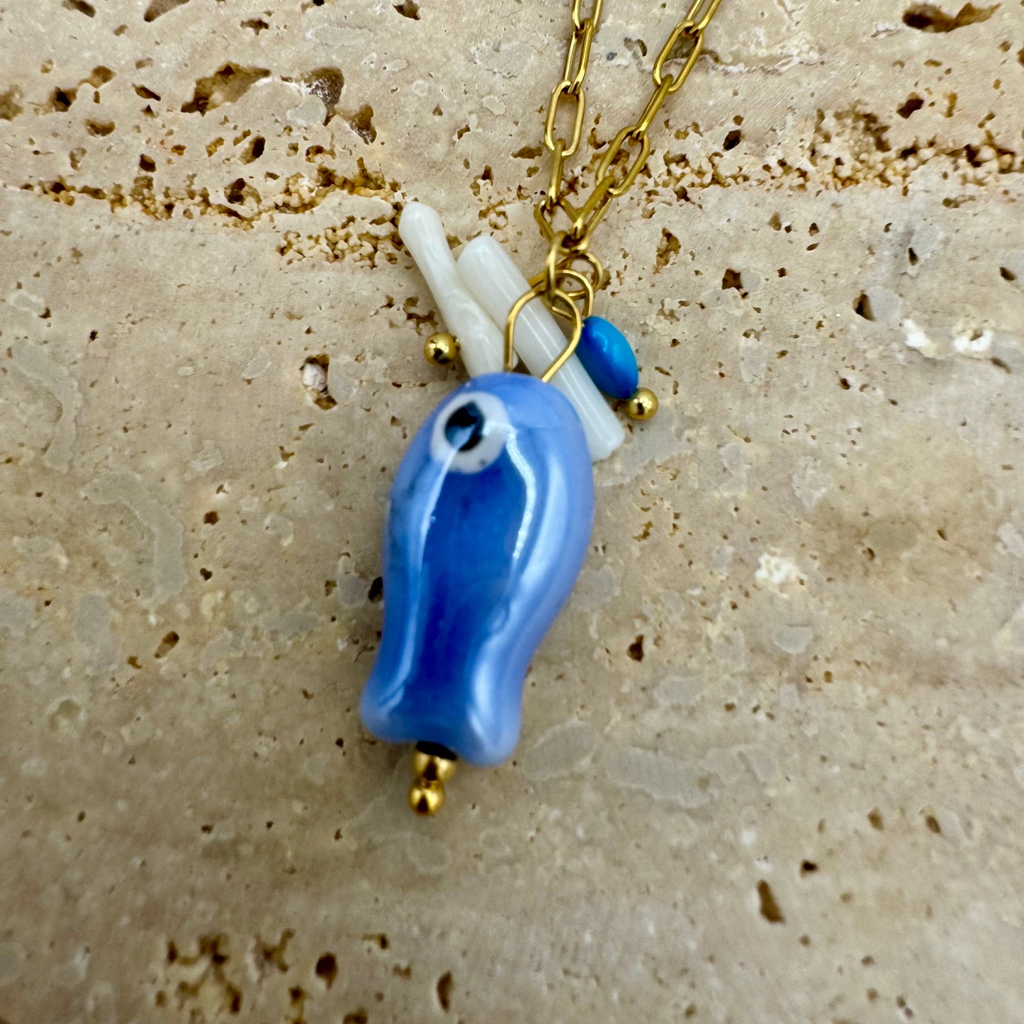 Fio Peixe Porcelana Dourado - Azul