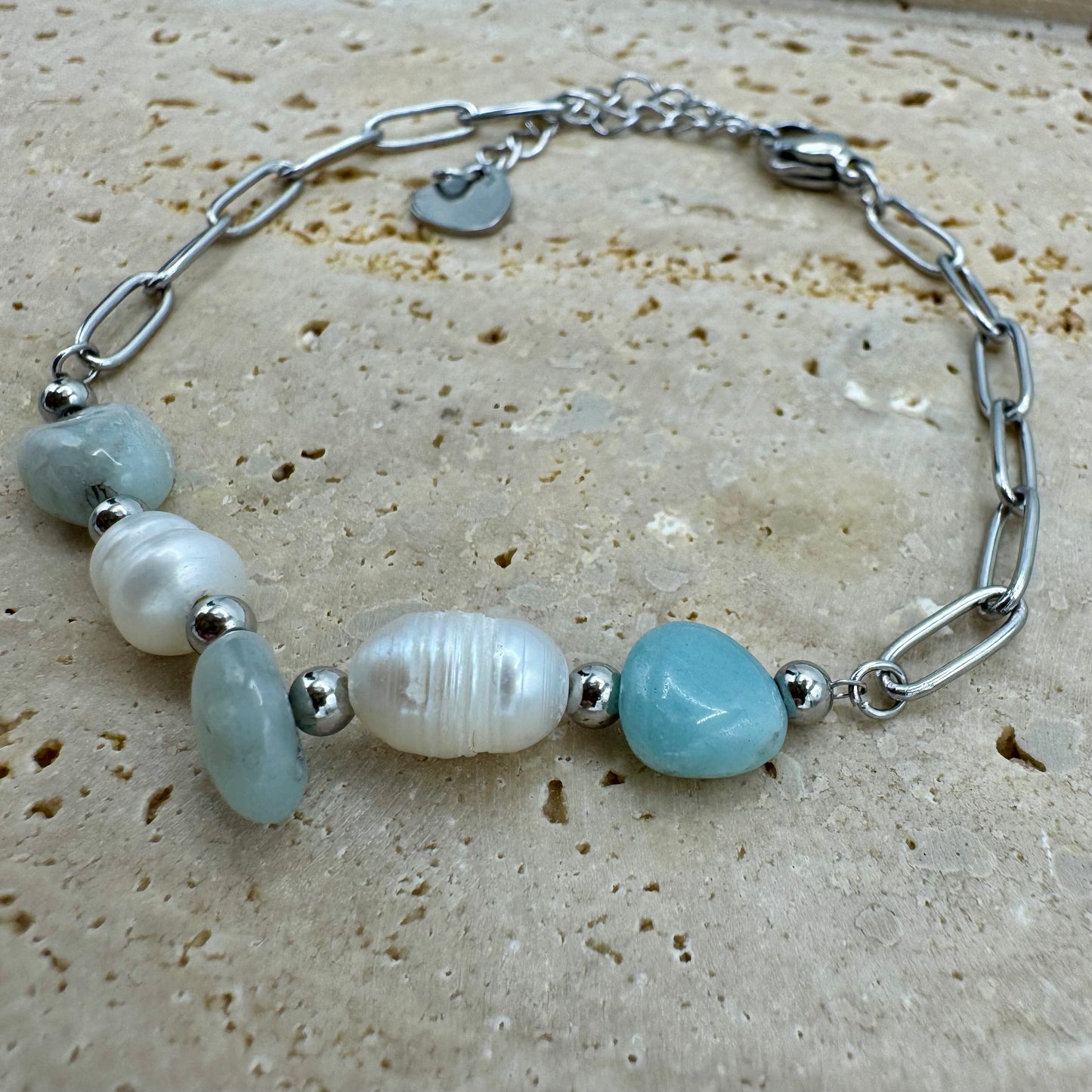 Pulseira Pérolas e Amazonite Prateado
