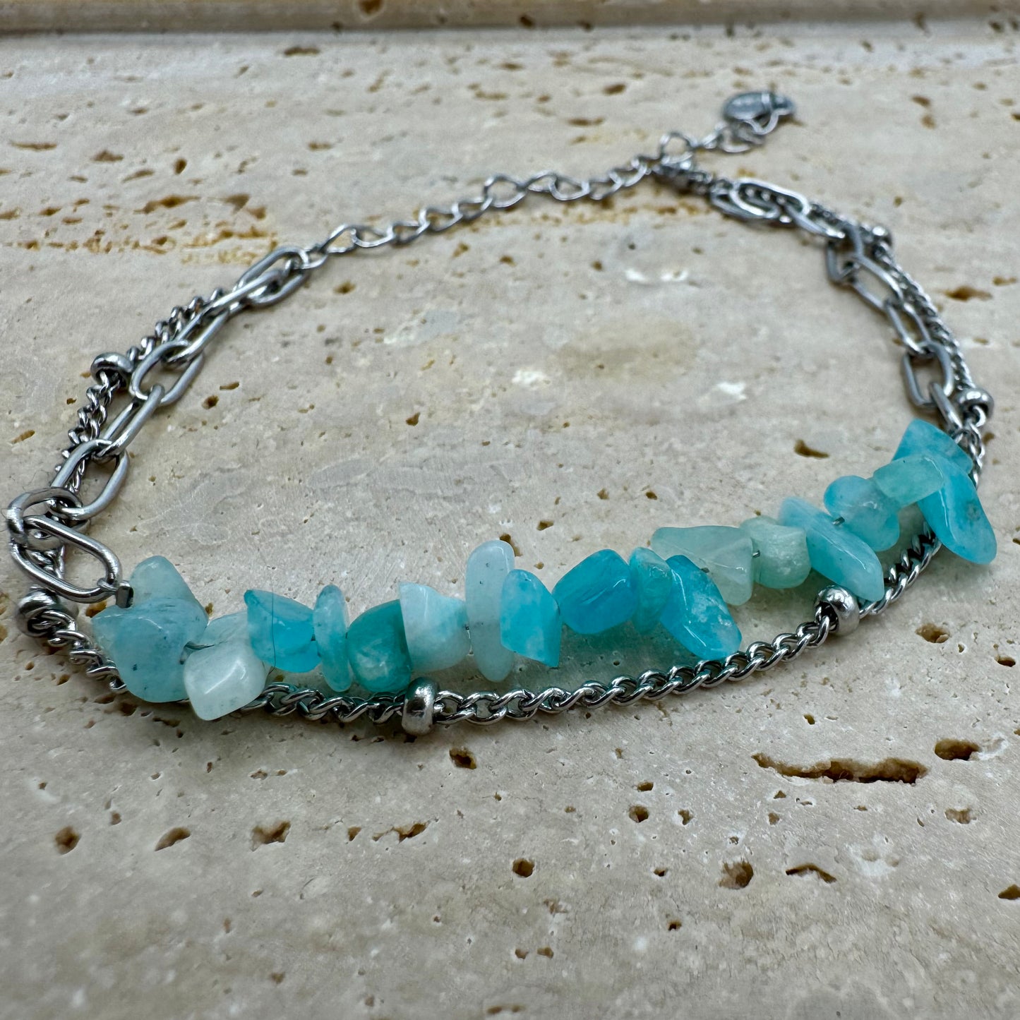 Pulseira Pedras Cascalho Amazonite e Inox Prateado