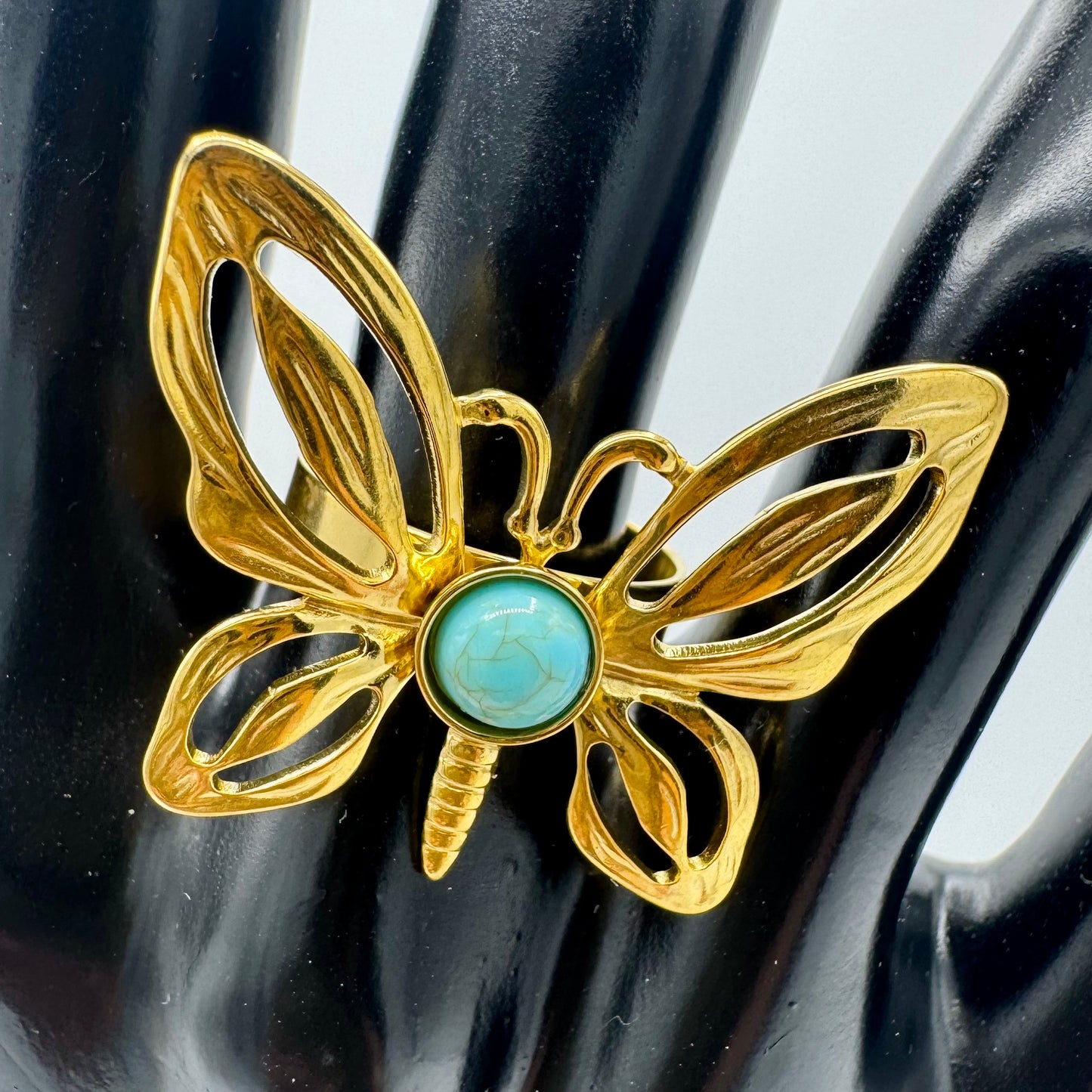 Anel Borboleta Grande Turquesa Dourado