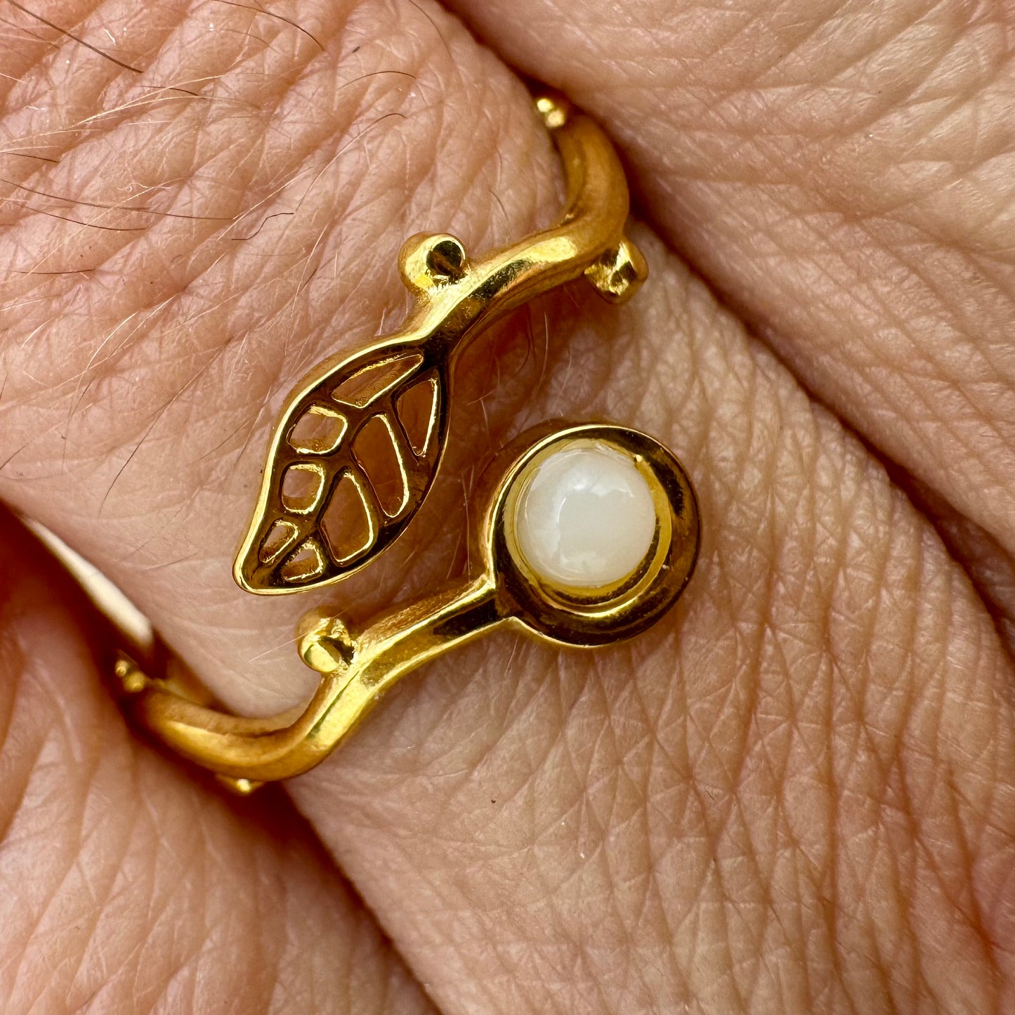 Anel Fininho Folha e Bolinha Branca Dourado