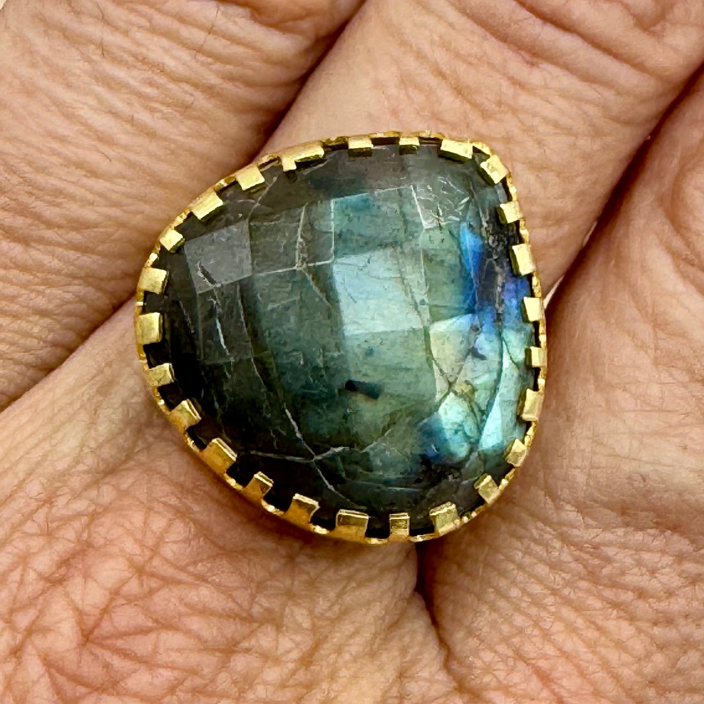 Anel Latão India, Regulavel Labradorite