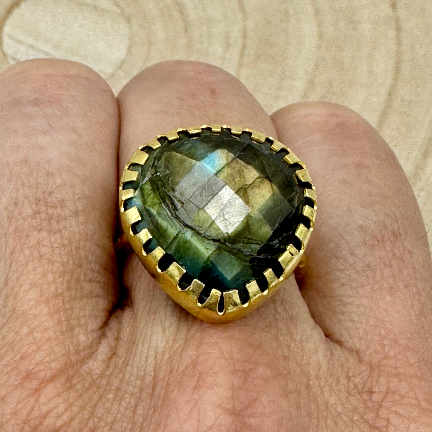 Anel Latão India, Regulavel Labradorite