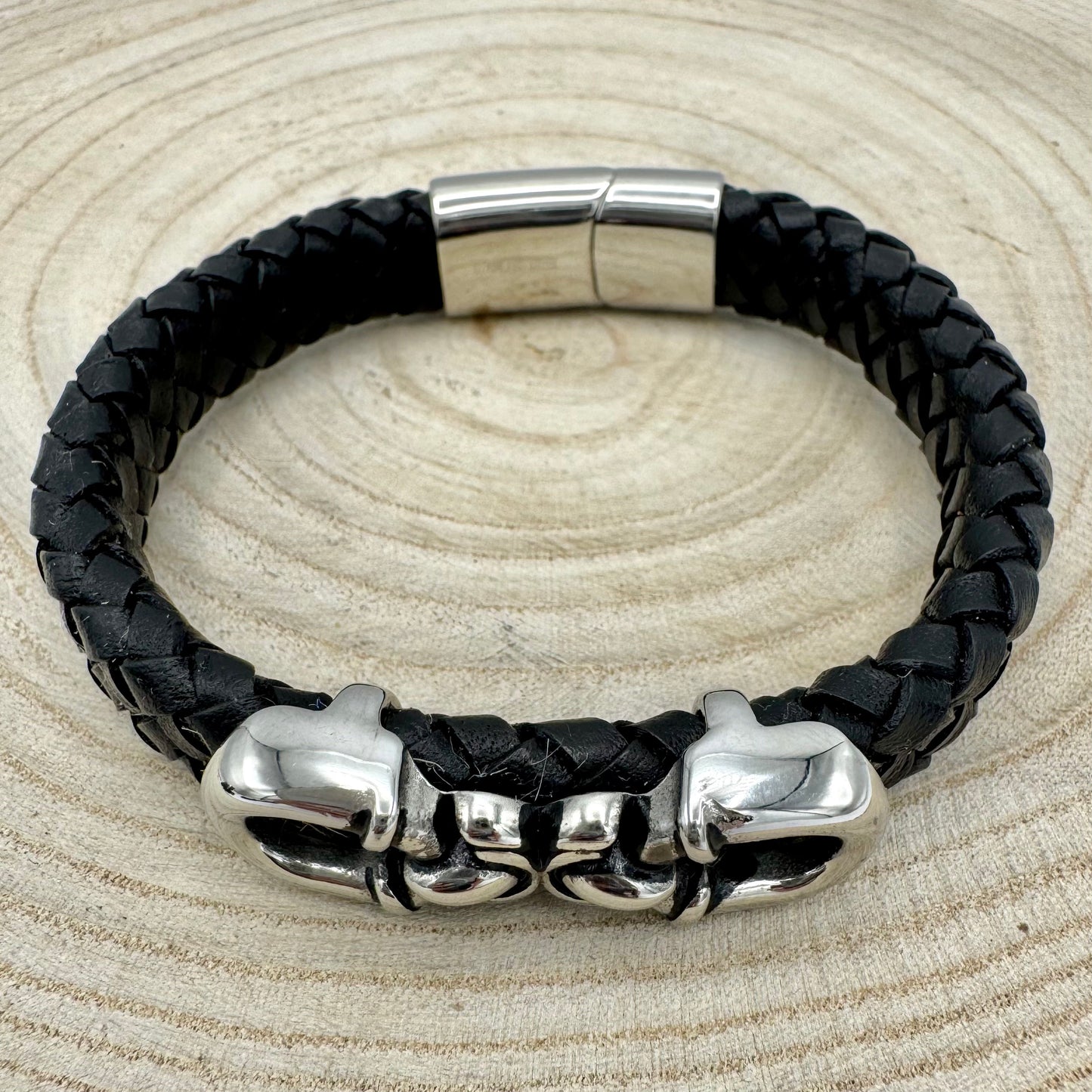 Pulseiras Homem em Couro Trançado - Ovais Unidas Preto