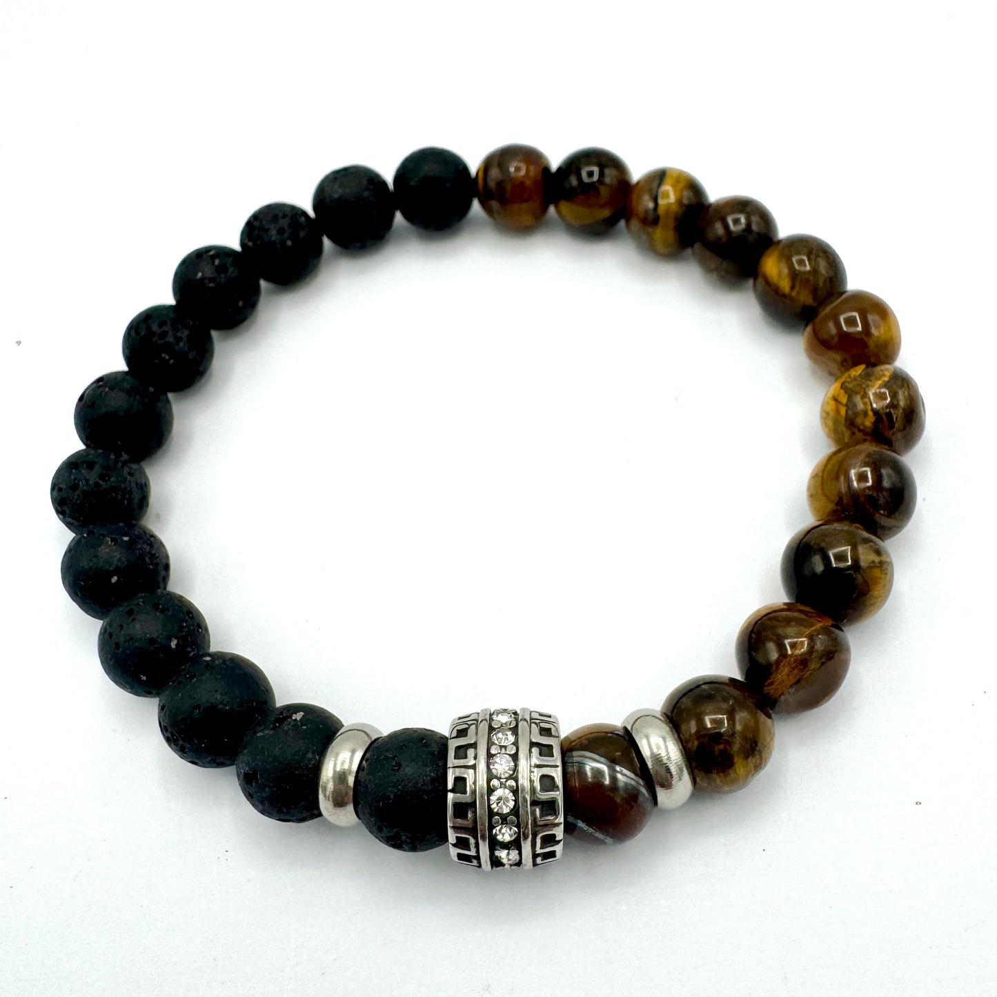 Pulseira Homem Olho de Tigre e Pedra Vulcânica com pingente