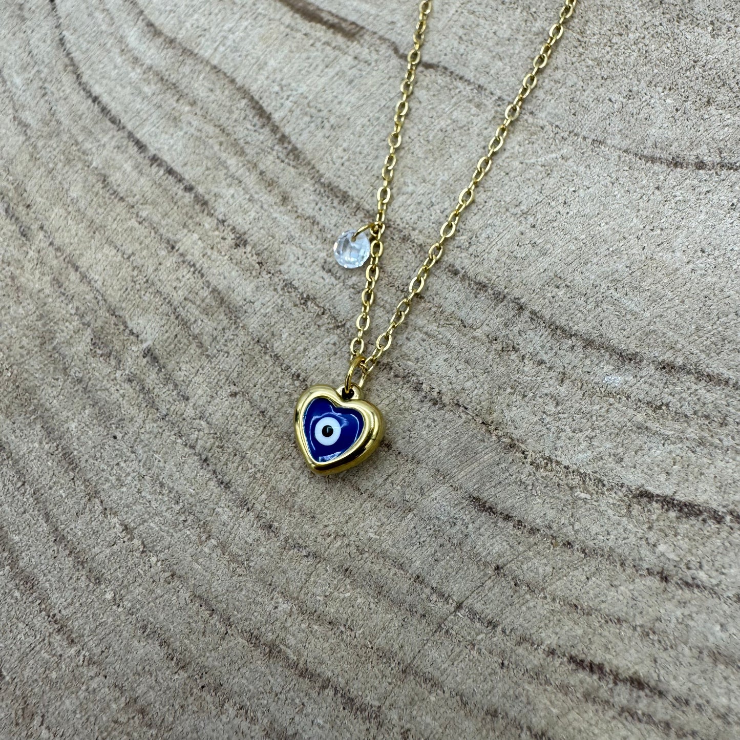 Fio Olho Azul em Coração com Brilhante Dourado