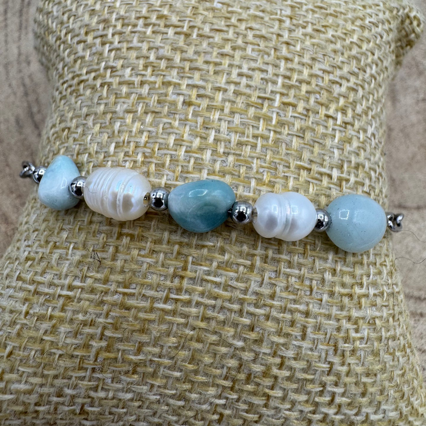 Pulseira Pérolas e Amazonite Prateado