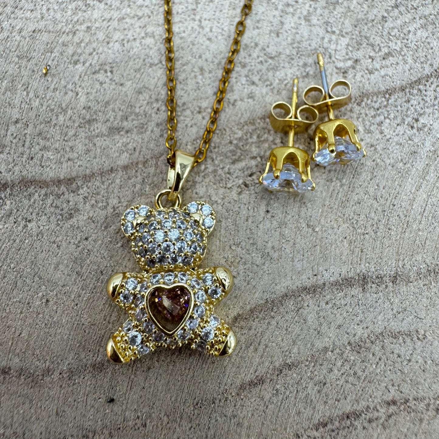 Fio Urso Coração Rosa Brilhantes Dourado (Oferta Brincos)