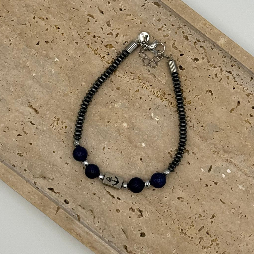 Pulseira de Homem Pedras Pretas e Âncora