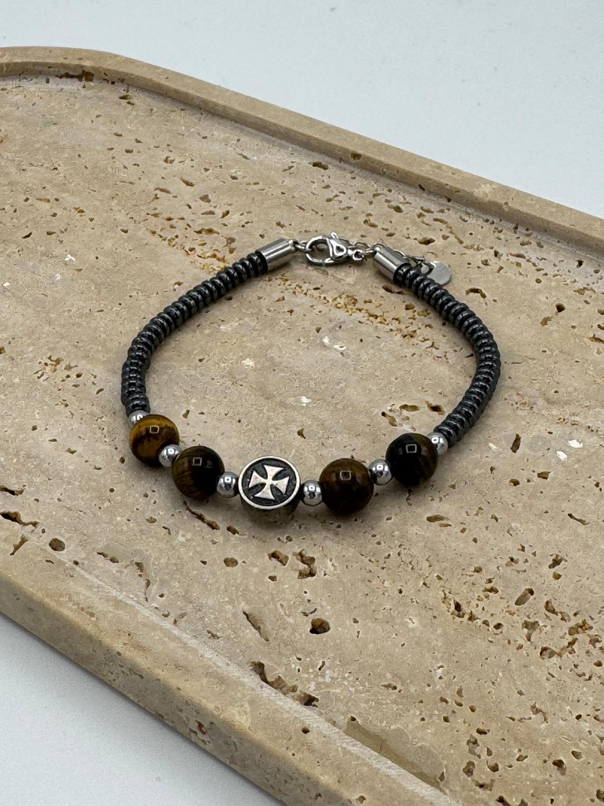 Pulseira Homem Olho de Tigre com Cruz