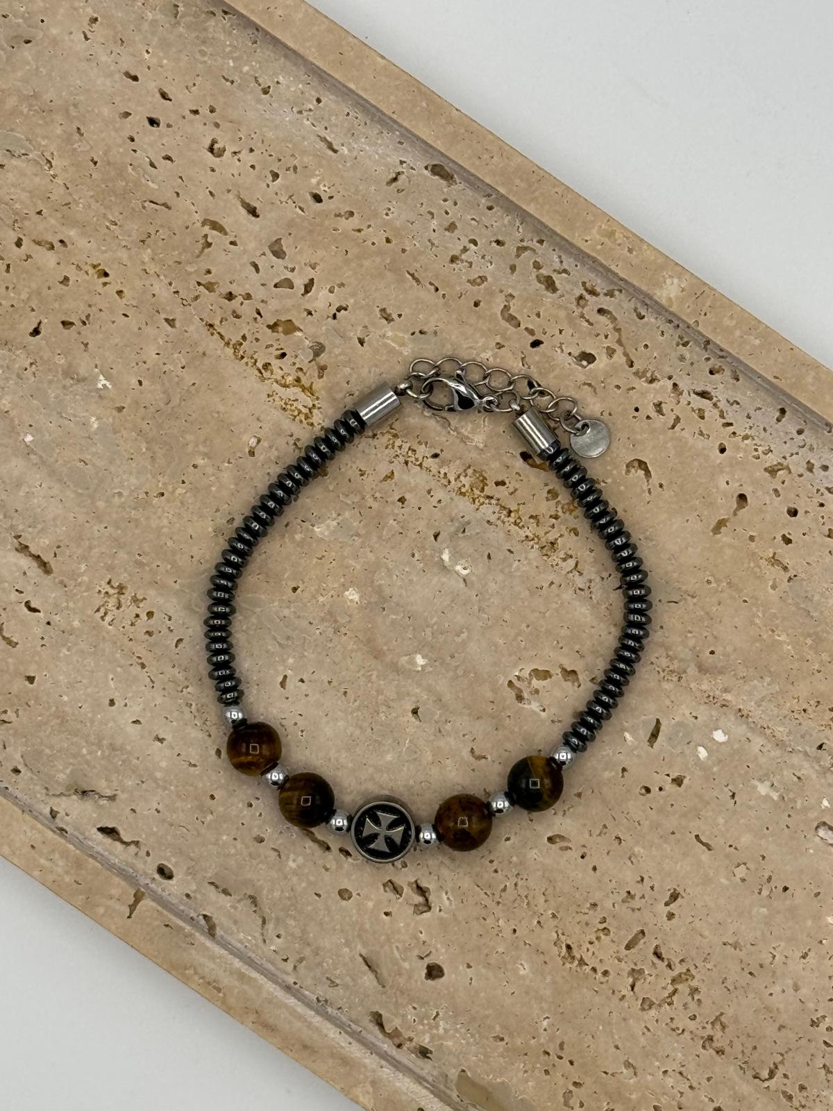 Pulseira Homem Olho de Tigre com Cruz