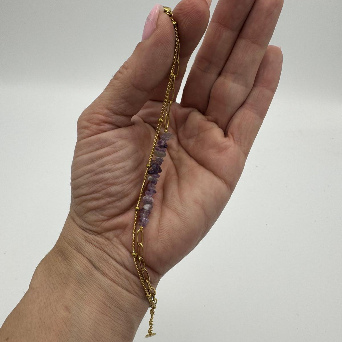 Pulseira Pedras Cascalho Ametista e Inox - Essencia Pura
