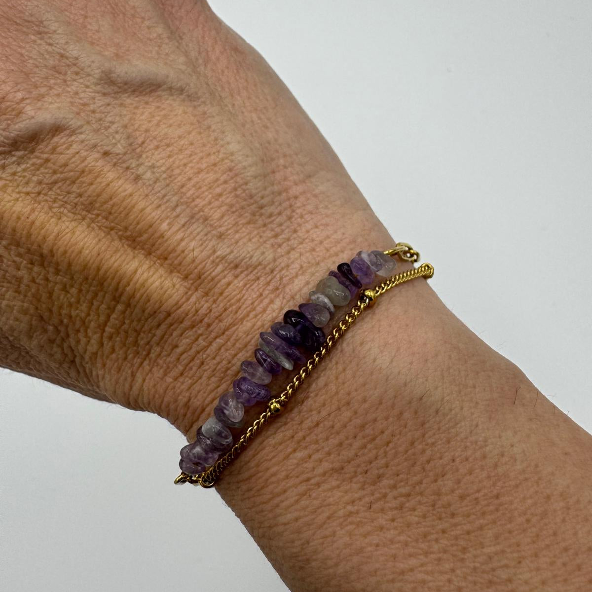 Pulseira Pedras Cascalho Ametista e Inox - Essencia Pura